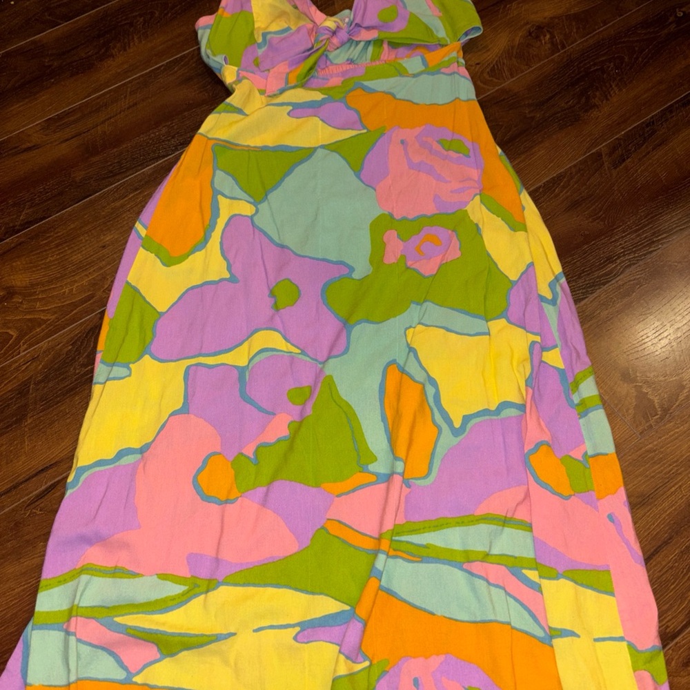 Vibrant Abstract Floral Maxi Dress in Yellow Pink Green